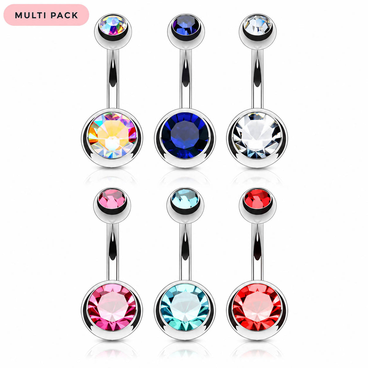 A 9-piece multi-pack of silver-toned navel barbell jewelry with round faceted gemstones in various colors, including pink, blue, red, light blue, and rainbow iridescent, arranged in a 3x3 grid on a white background with a pink 'MULTI PACK' label in the top-left corner.