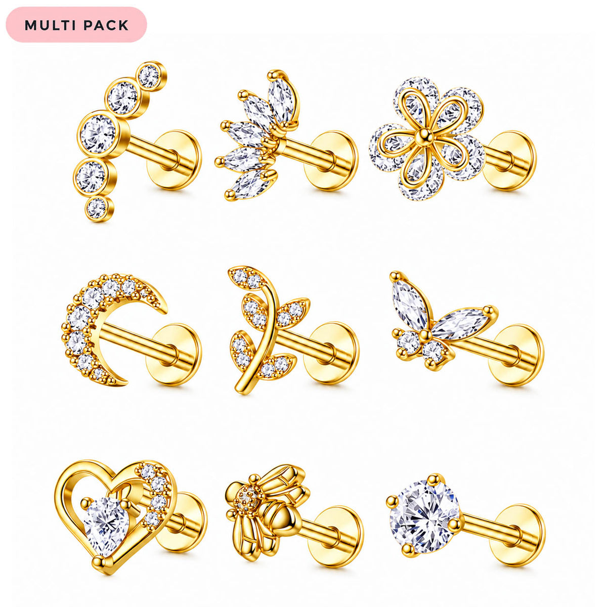 A set of nine gold-colored stud earrings with clear rhinestones in various designs, including flowers, moons, leaves, butterflies, hearts, and bees, arranged on a white background with a pink 'MULTI PACK' label in the top left corner.