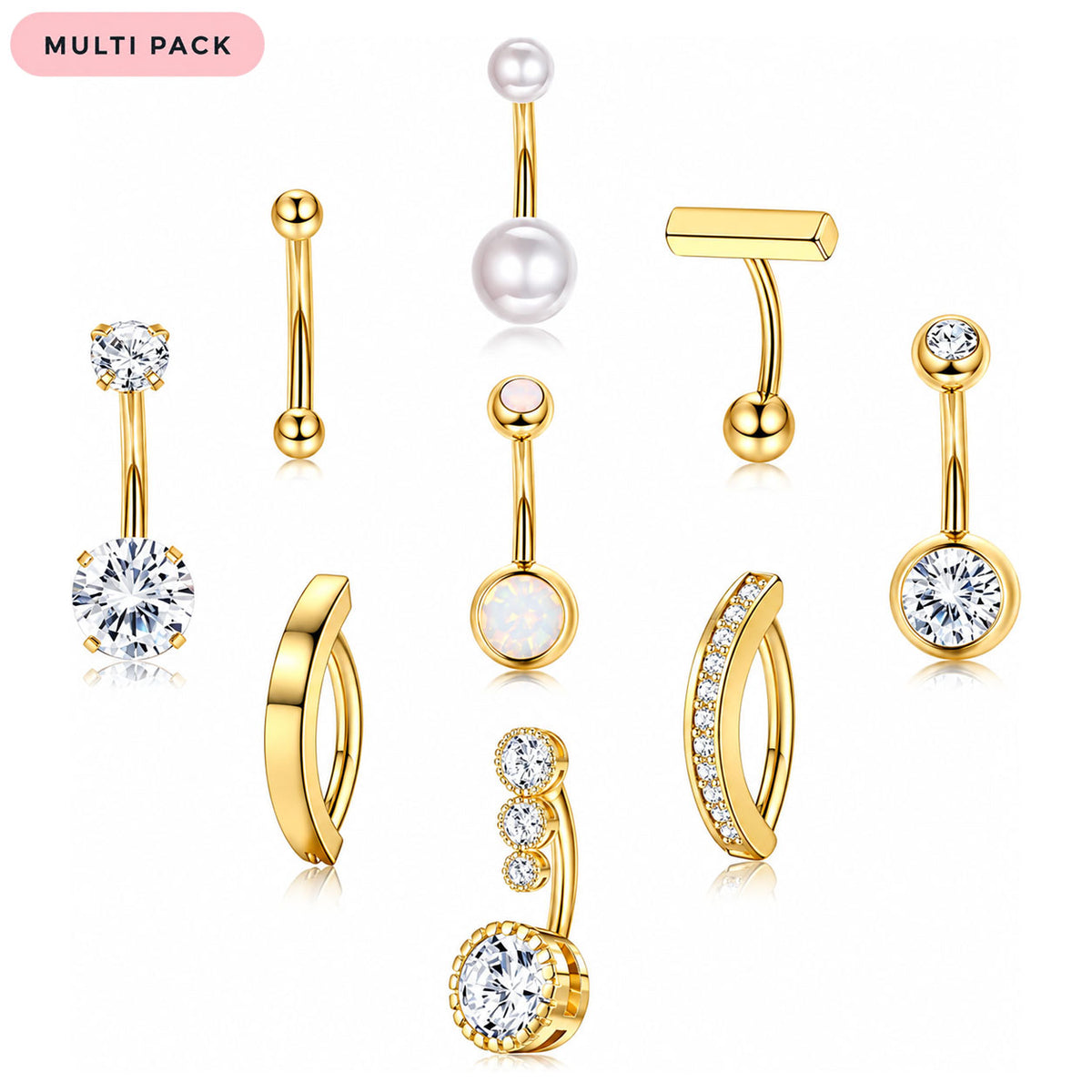 A 10-piece multi-pack of gold-plated navel jewelry with various designs including bezel-set clear crystals, freshwater pearls, and milky white cabochons, displayed on a clean white background with a pink 'MULTI PACK' label in the top left corner.
