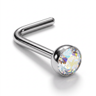 A silver-toned curved barbell nose ring with a faceted, iridescent clear gemstone in a round bezel setting, shown on a clean white background.