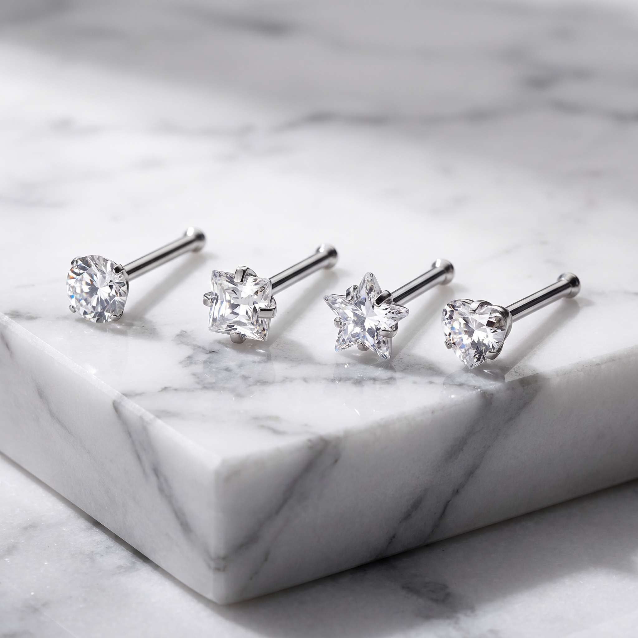 Four silver-toned stud earrings with clear gemstones in round, oval, and star shapes, arranged on a white marble block over a marble surface.