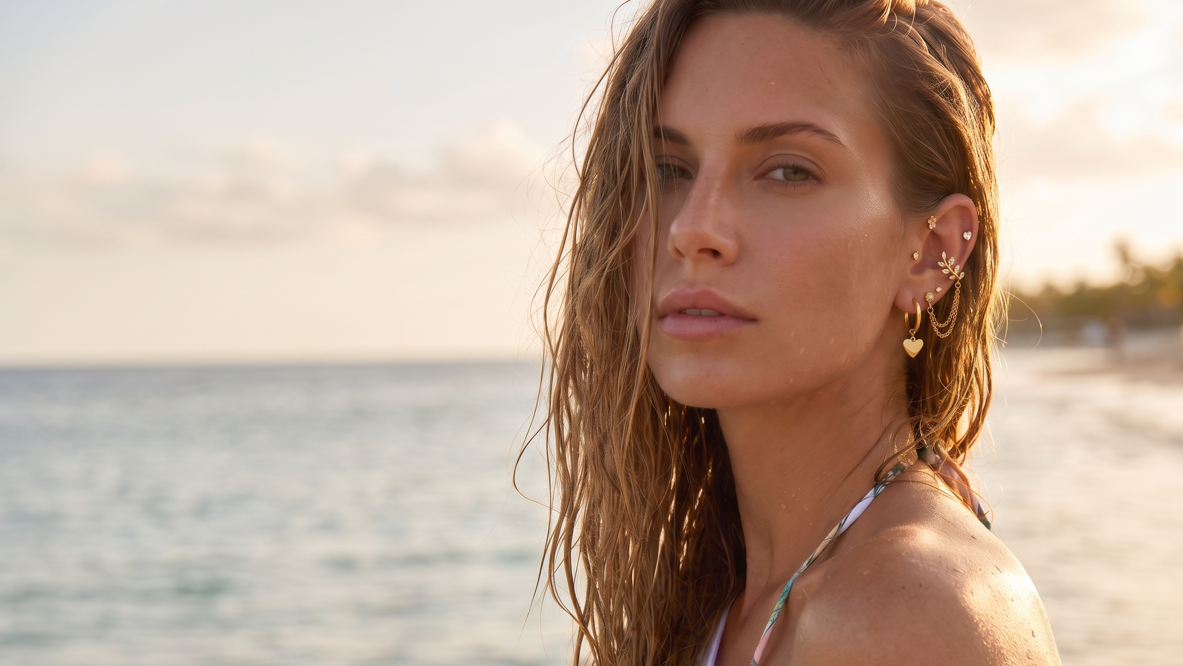 A close-up lifestyle shot of a woman with wet hair on a beach, wearing multiple gold earrings including a heart-shaped drop earring and a cluster of small gold studs.