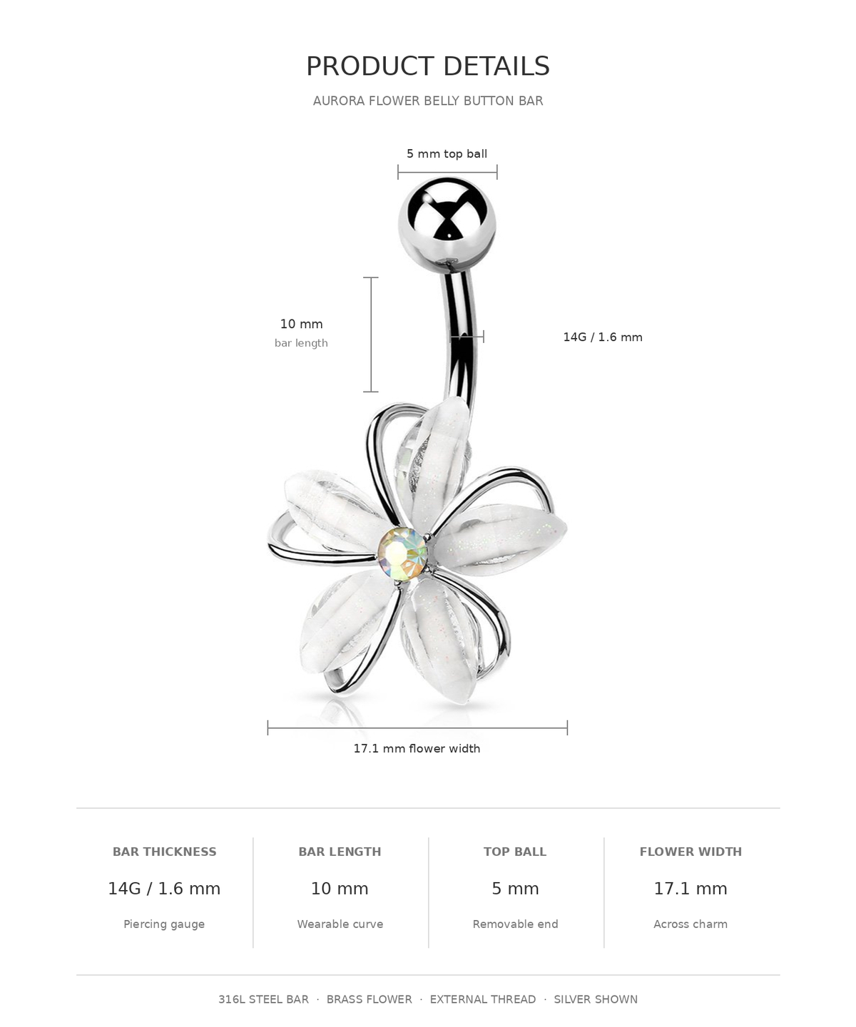 Product details diagram for an Aurora Flower Belly Button Bar, showing a silver steel barbell with a white flower charm and clear rhinestones, with labeled dimensions and specifications on a white background.
