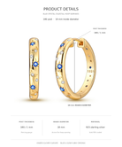 Product details graphic for a pair of gold hoop earrings with blue crystal and silver star motifs, showing front and side views with measurements and material details on a white background.