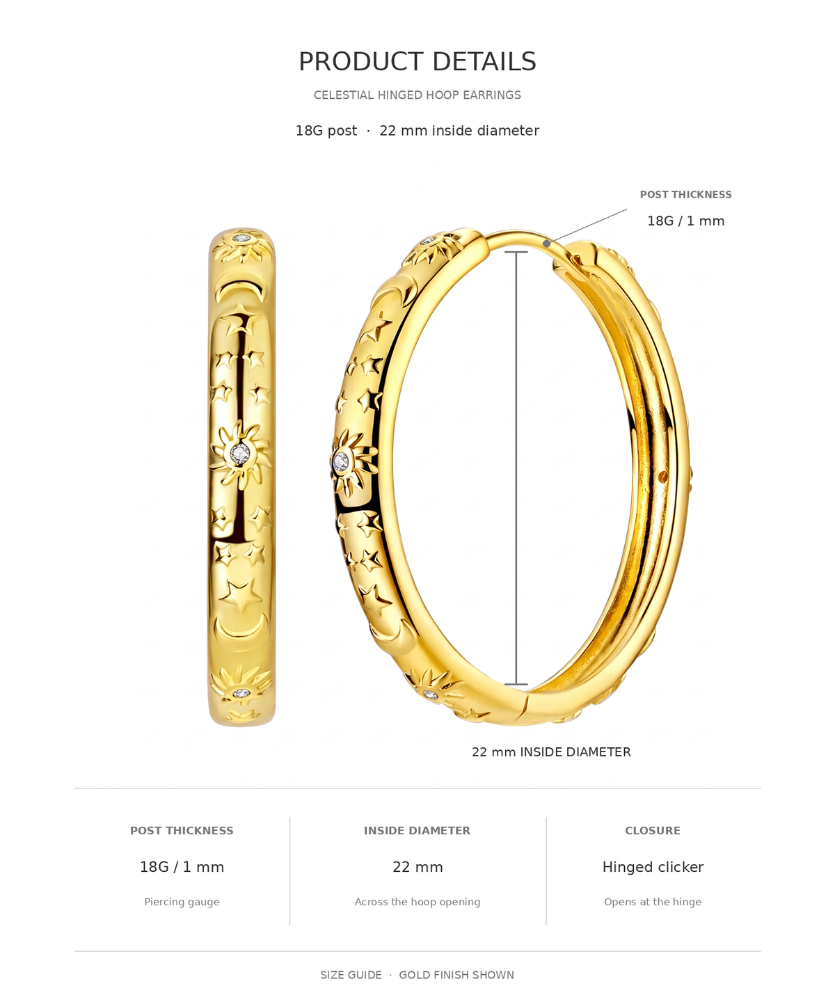 Gold Plated Sterling Silver Sun, Moon & Star Hoop Earrings size guide