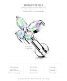 Product details graphic for a butterfly-shaped crystal belly button stud. The image shows the silver-toned metal post with three iridescent rhinestone butterfly wings, labeled text for post length (6 or 8 mm), post thickness (16G/1.