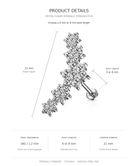 Product details diagram for a crystal flower internally threaded stud piercing jewelry, showing dimensions of 21 mm flower topper and 6 or 8 mm post length on a white background.