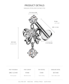 Product details diagram for a dangling crystal bow flat back stud piercing, showing a silver-toned bow-shaped stud with clear crystals and dimension labels for post length, dangling detail, top crystal size, and flat back.