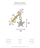 Product details diagram of a gold internally threaded dangle piercing stud with a star charm, showing dimensions, crystal top size, and post thickness on a white background.