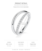 Product details graphic for a silver double-band hinged hoop ring with a row of clear crystals on one band. The image includes a rendered ring, sizing text indicating 8 or 10 mm inside diameter, and specifications for thickness, inside diameter, and closure at the bottom on a white background.