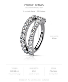 Product details graphic for a double crystal bendable hoop ring, showing a silver-toned hoop with clear stones, dimensions (10 mm inside diameter, 16G thickness), and material information on a white background.