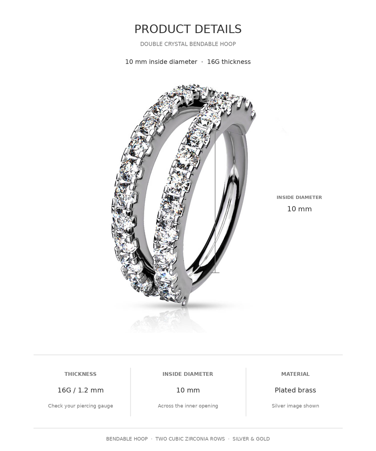 Product details graphic for a double crystal bendable hoop ring, showing a silver-toned hoop with clear stones, dimensions (10 mm inside diameter, 16G thickness), and material information on a white background.