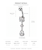 Product details diagram for a double dangling crystal teardrop belly bar, showing the navel barbell with labeled dimensions, crystal settings, and measurement notes on a white background.