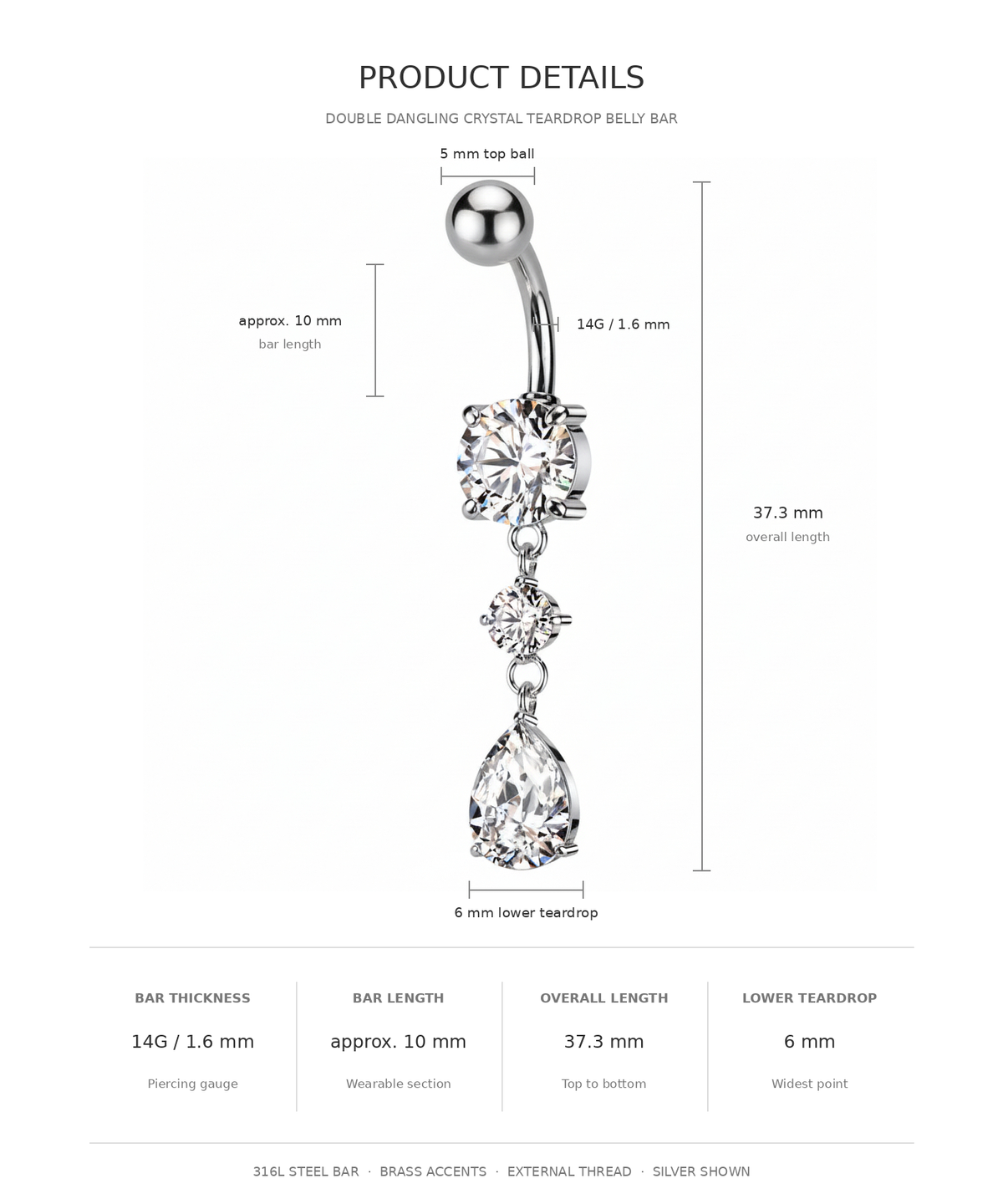 Product details diagram for a double dangling crystal teardrop belly bar, showing the navel barbell with labeled dimensions, crystal settings, and measurement notes on a white background.