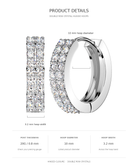 Product details graphic for double row crystal huggie hoops, showing a pair of silver-toned hoop earrings with embedded clear crystals, labeled with dimensions including 10 mm hoop diameter, 3.2 mm hoop width, and 2.