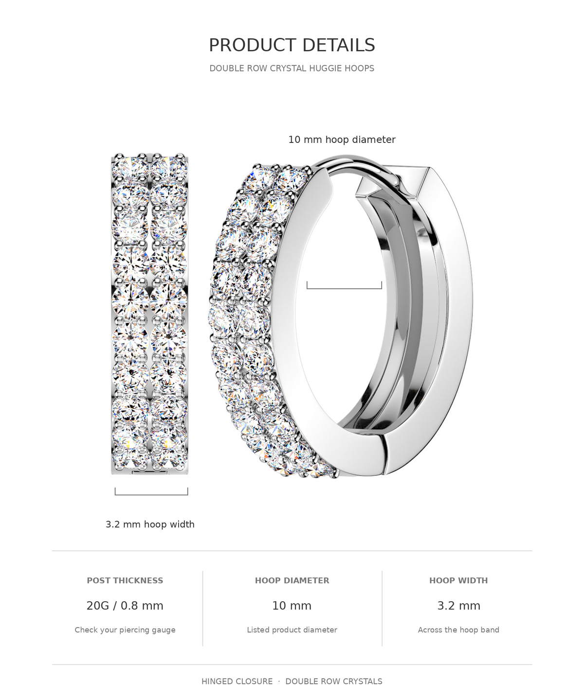 Product details graphic for double row crystal huggie hoops, showing a pair of silver-toned hoop earrings with embedded clear crystals, labeled with dimensions including 10 mm hoop diameter, 3.2 mm hoop width, and 2.