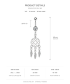 Product details diagram for a dreamcatcher belly bar, showing a silver-toned curved barbell with a crystal charm and dangling dreamcatcher-style charms, with measurements labeled 10 mm bar, 10 mm bar length, and 60 mm total length on a white background.