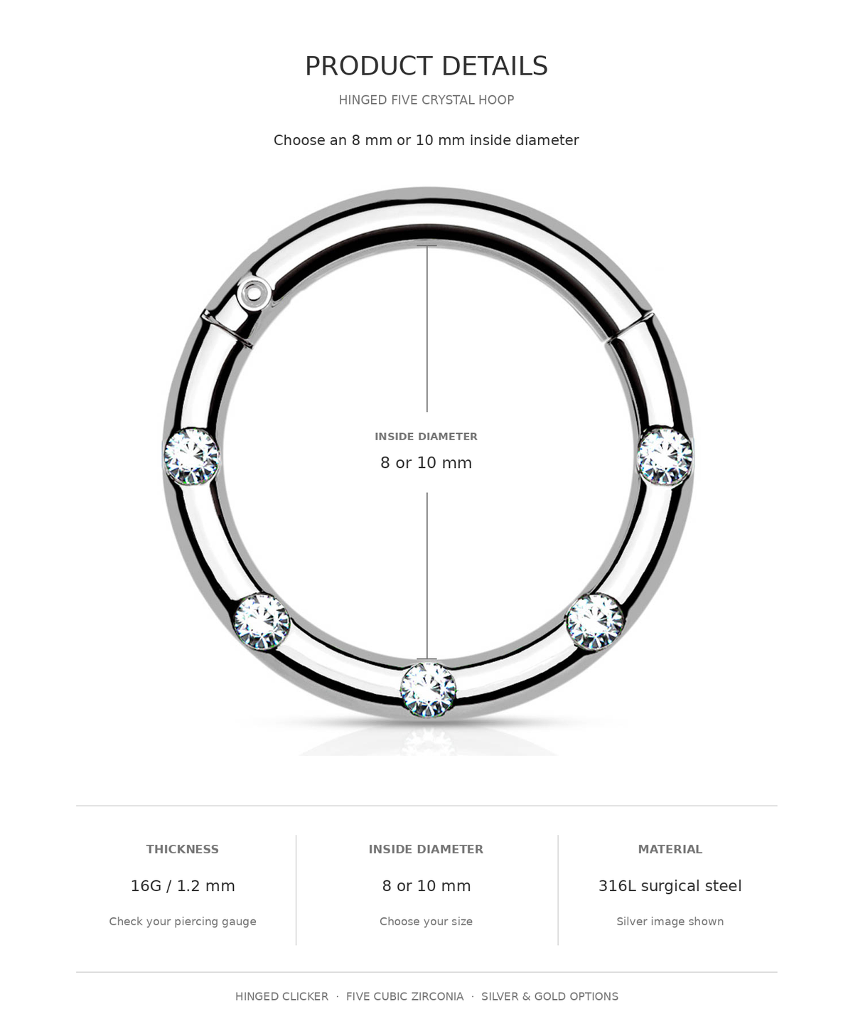 Product details graphic for a hinged five crystal hoop piercing ring, showing a silver-tone circular ring with five clear crystals and text listing thickness, inside diameter, and material.