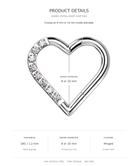 Product details graphic for a heart-shaped hinged crystal hoop ring, showing a silver-toned heart ring with a row of clear crystals on one side and text indicating 8 or 10 mm inside diameter and hinged closure.