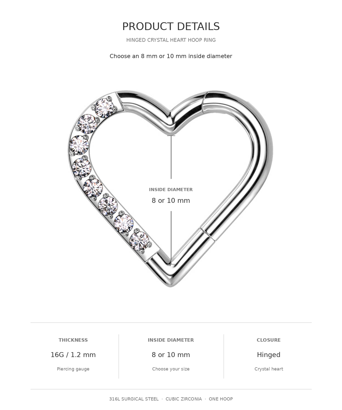 Product details graphic for a heart-shaped hinged crystal hoop ring, showing a silver-toned heart ring with a row of clear crystals on one side and text indicating 8 or 10 mm inside diameter and hinged closure.