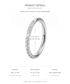 Product details graphic for a titanium crystal crossover hinged hoop ring, showing a silver-toned hoop with one side set with clear crystals and text indicating inside diameter options of 8 or 10 mm.