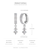 Product details diagram for princess-cut double row huggie hoop earrings, showing a side and front view with measurements for inside diameter, drop length, and lower crystal length on a white background.