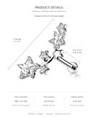Product details diagram for an internally threaded shooting stars stud piercing. The image shows a silver-toned barbell stud with two star-shaped crystal tops, labeled with dimensions: 17.