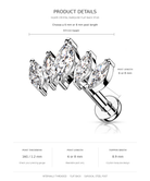 Product details diagram for a silver crystal marquise flat back stud earring, showing a 3D rendering of the earring with annotations for post length (6 or 8 mm), post thickness (16G / 1.2 mm), and topper width (8.