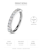Product details graphic for a single-row crystal bendable hoop ring. The ring is shown on a white background with text specifying it is 16G/1.