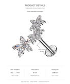 Product details graphic for a threadless crystal flower stud piercing. The image shows a silver-colored butterfly-shaped crystal flower stud with a post and ball end, accompanied by text and measurement callouts for post length, post thickness, and flower top size.