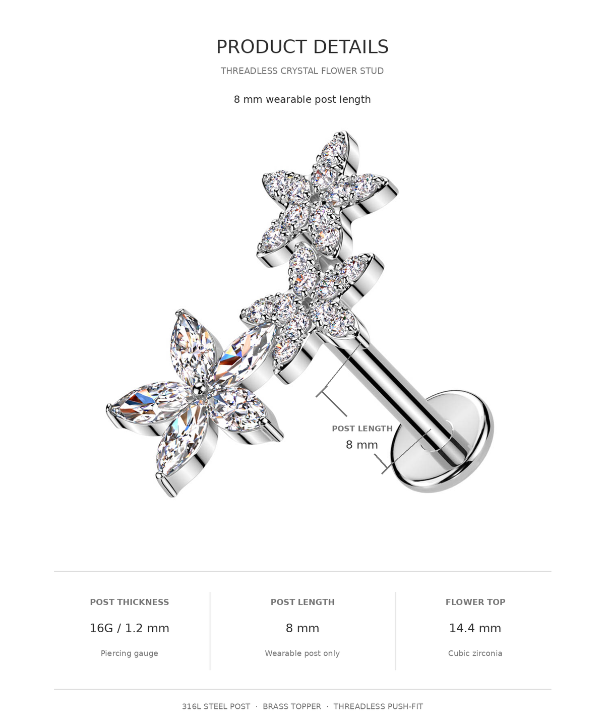Product details graphic for a threadless crystal flower stud piercing. The image shows a silver-colored butterfly-shaped crystal flower stud with a post and ball end, accompanied by text and measurement callouts for post length, post thickness, and flower top size.