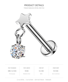 Product details graphic for a titanium dangle ring featuring a star-shaped top and a round clear crystal charm. The image includes a rendered view of the silver-toned jewelry piece with a faceted gemstone, measurement specs, and a clean white background.