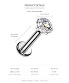 Product details diagram for a titanium ascher cut crystal stud piercing, showing a silver-colored barbell with a faceted clear crystal top on a white background with text detailing measurements and materials.