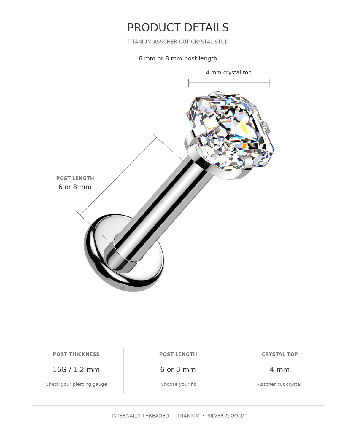 Product details diagram for a titanium ascher cut crystal stud piercing, showing a silver-colored barbell with a faceted clear crystal top on a white background with text detailing measurements and materials.