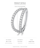 Product details graphic for a silver double row hoop ring, showing a polished titanium crystal ring with two rows of clear crystals. The text specifies 8 mm or 10 mm hoop diameter, 16G / 1.