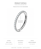 Product details graphic for a titanium crystal-lined hinged hoop earring, showing a silver-toned ring with a row of clear crystals and text indicating inside diameter options of 8 or 10 mm, plus thickness and material details below.