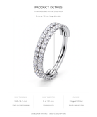 Product details graphic for a titanium double crystal lined hoop piercing ring, showing a silver-toned hoop with two rows of clear crystals on a white background with text detailing size, post thickness, and closure.