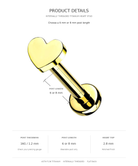 Product details graphic for a gold heart-shaped stud earring, showing a 3D rendering of the earring with post length and post thickness measurements, and text specifying titanium material and flat back style.
