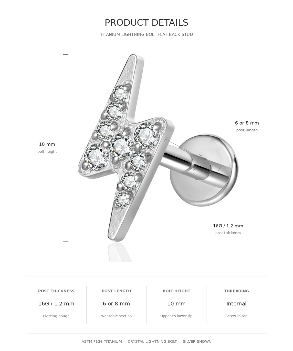 Product details diagram for a titanium lightning bolt stud earring, showing the 16x12 mm post, 10 mm bolt height, and 6-8 mm post length with labeled dimensions on a white background.