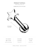 Product details graphic for a titanium star flat back stud piercing, showing a 3D rendering of the silver-toned stud with a star-shaped top and ball back, along with text listing post length, post thickness, and star topper size.