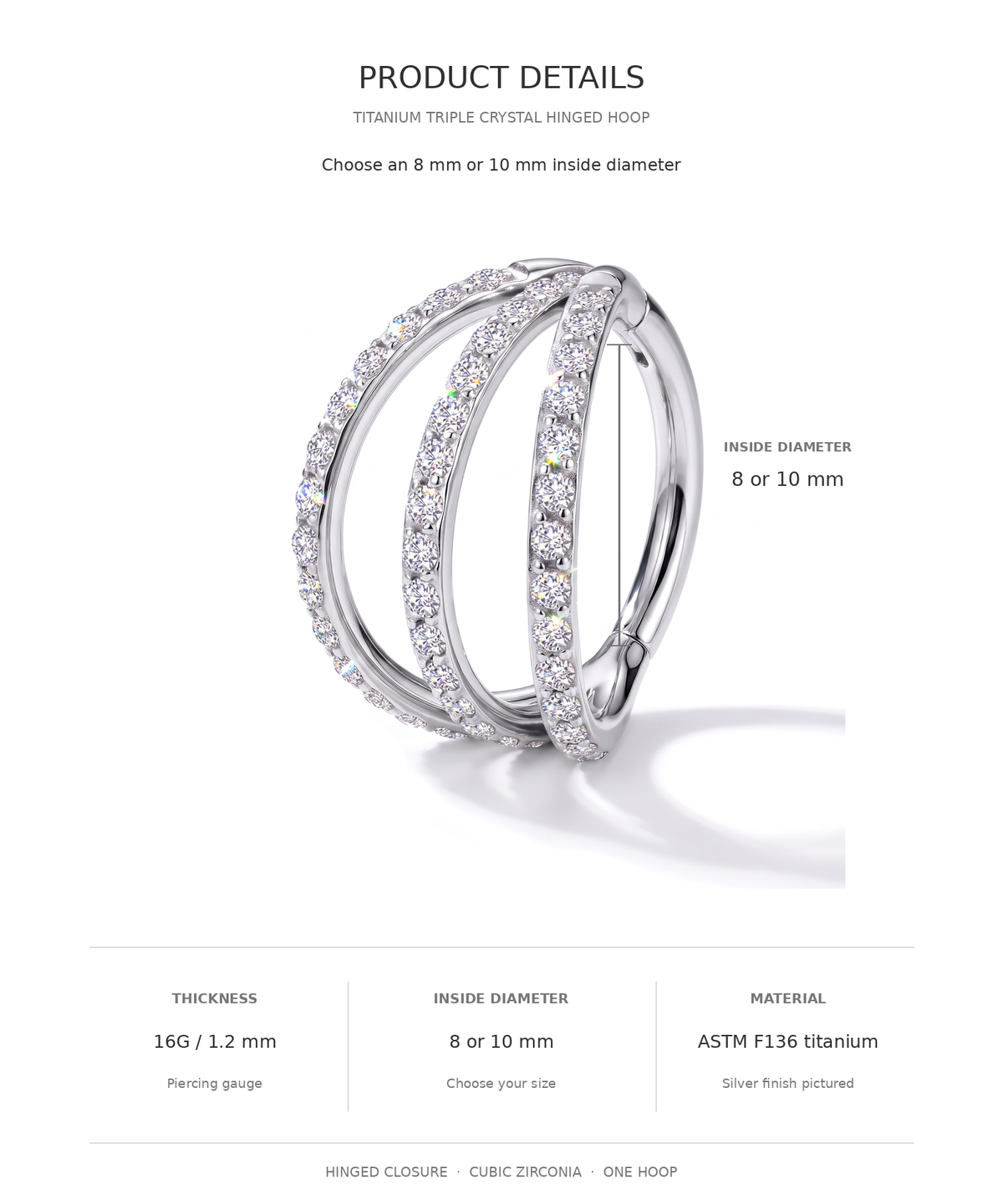 Product details graphic for a silver-toned triple crystal hinged hoop ring, showing a 16G/1.2 mm thick hinged closure ring with cubic zirconia pavé-set bands.