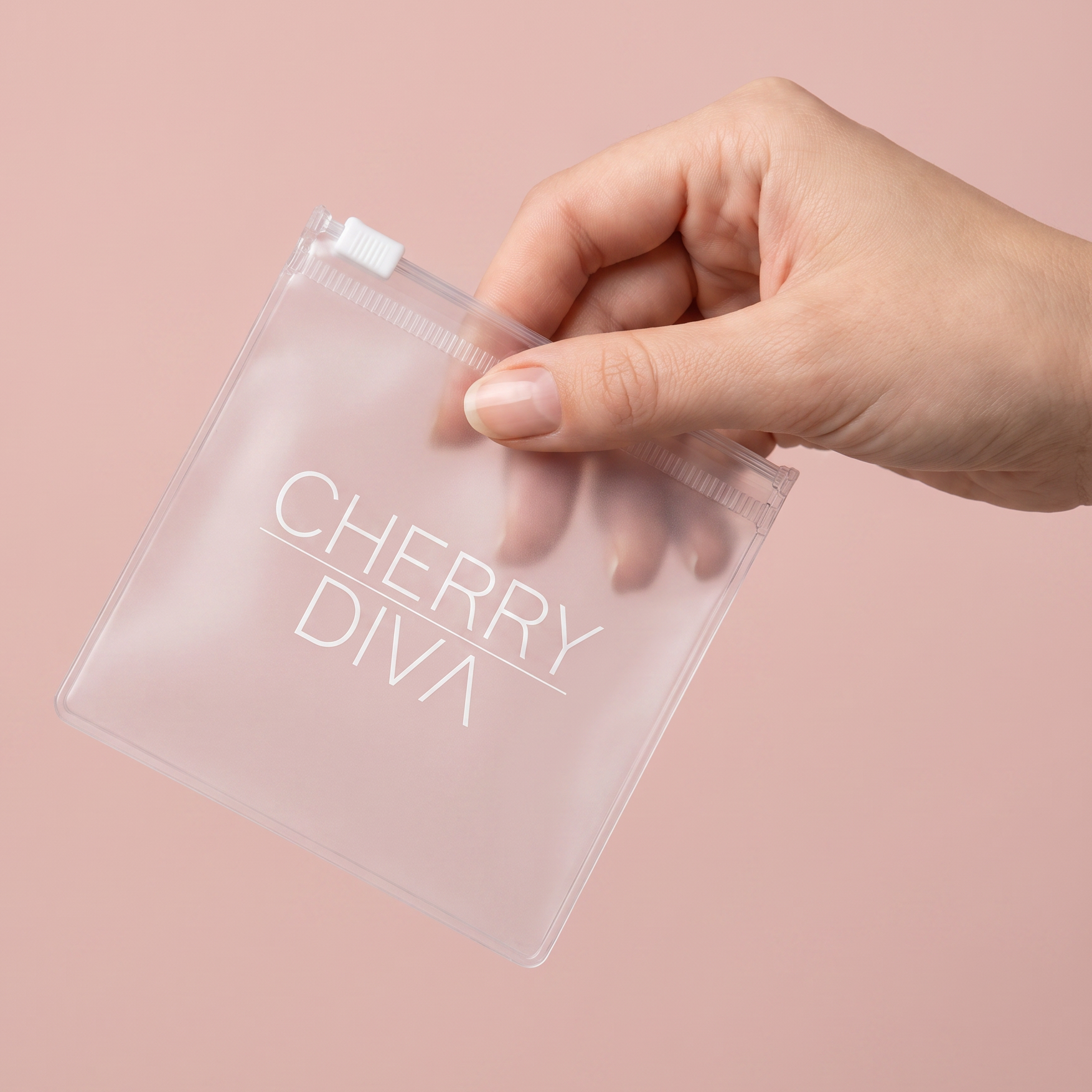 A hand holding a translucent clear cosmetic pouch with the words 'CHERRY DIVA' printed in white on the front, set against a solid dusty pink background.