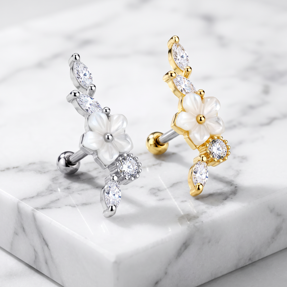 Crystal Flower & Vine Cartilage Stud in Silver and Gold
