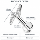 Product detail graphic showing a silver-toned T-shaped labret stud with a cubic zirconia-studded topper, labeled with dimensions including 10 mm topper size, 6 mm or 8 mm post length, and 16G / 1.2 mm post thickness.