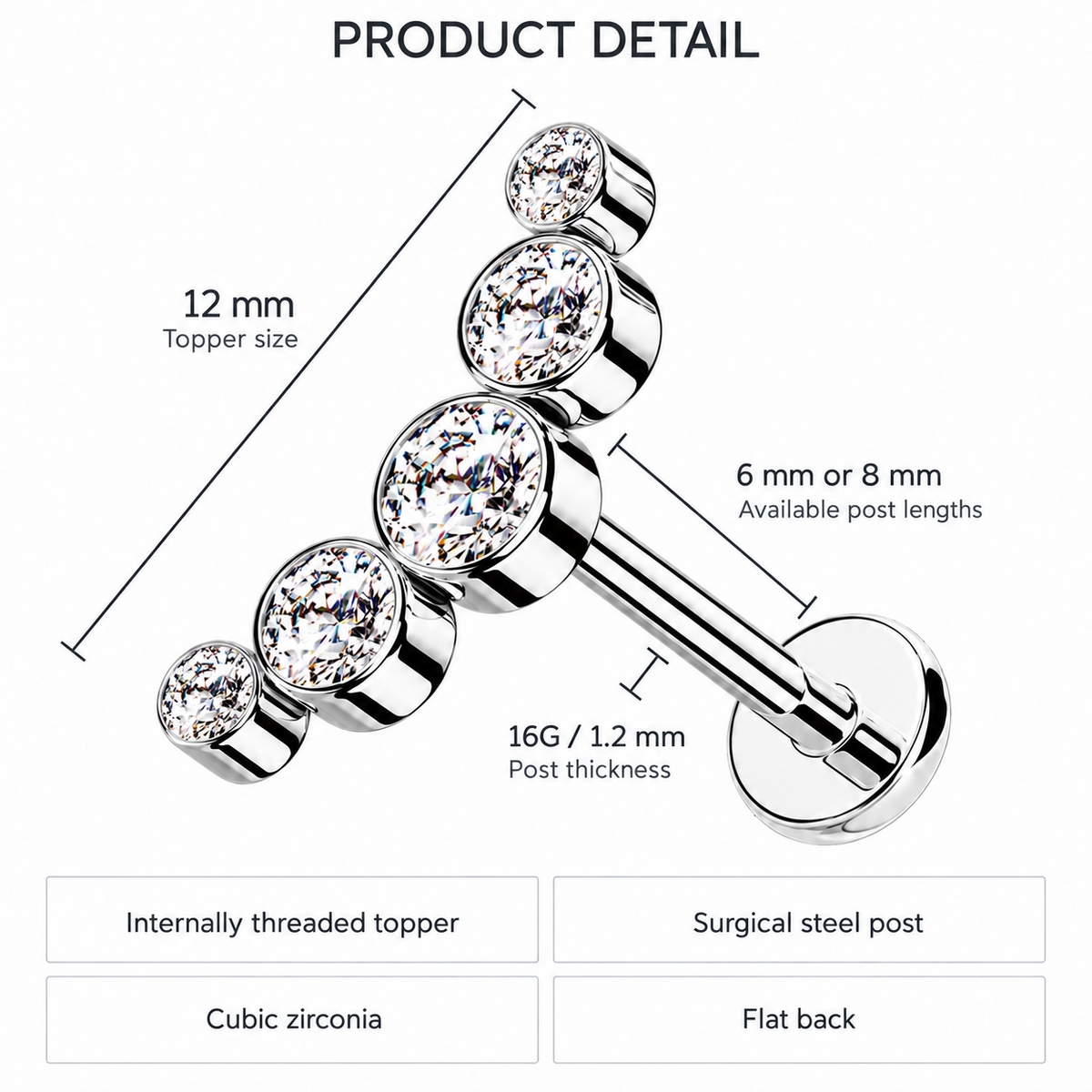16 Gauge Hypoallergenic Internally Threaded Five Gem Curved Stud