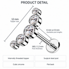 16 Gauge Hypoallergenic Internally Threaded Five Gem Curved Stud