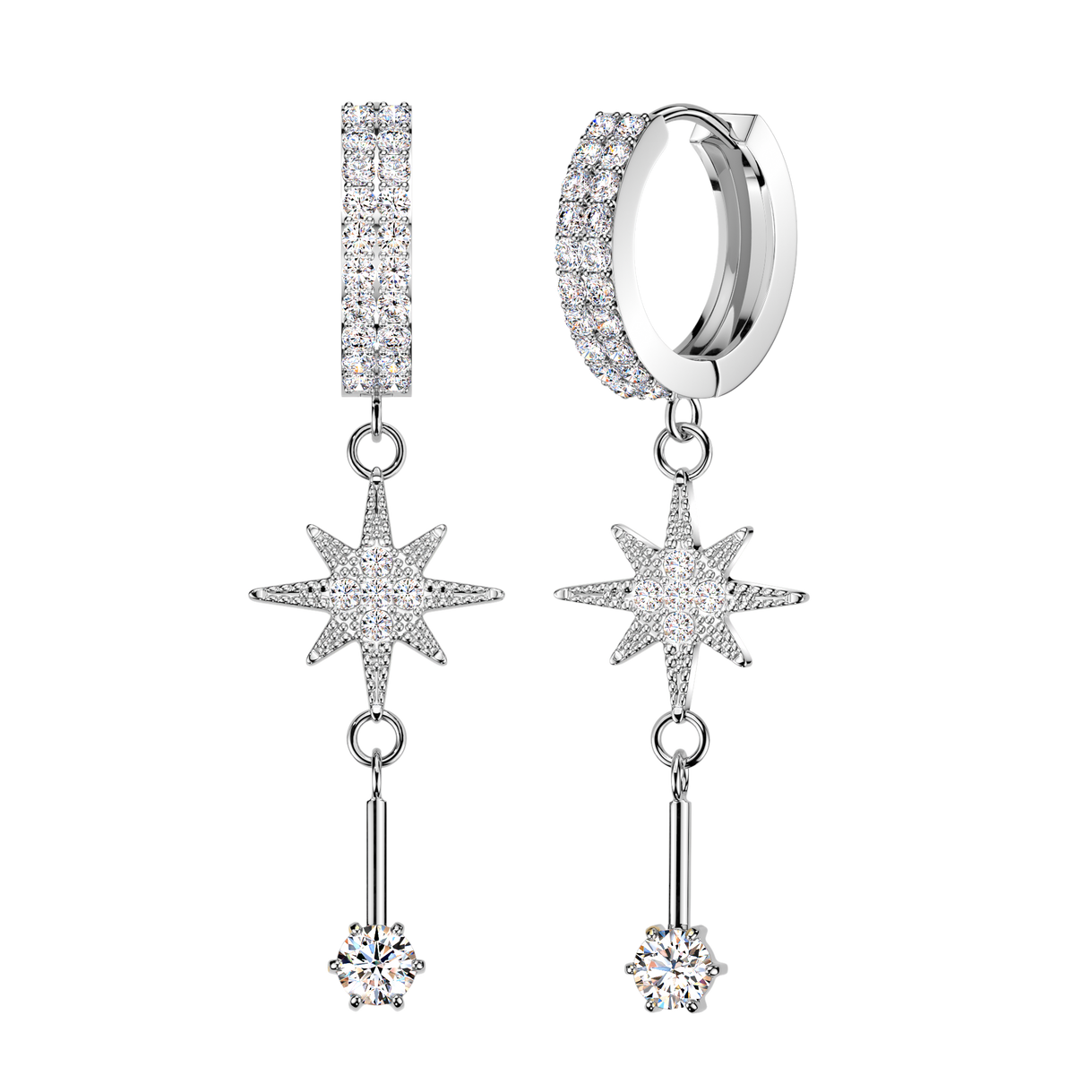 A pair of silver-toned dangle earrings adorned with clear pavé gemstones, featuring a huggie hoop, a vertical bar, a starburst motif, and a dangling round stone, set against a solid white background.