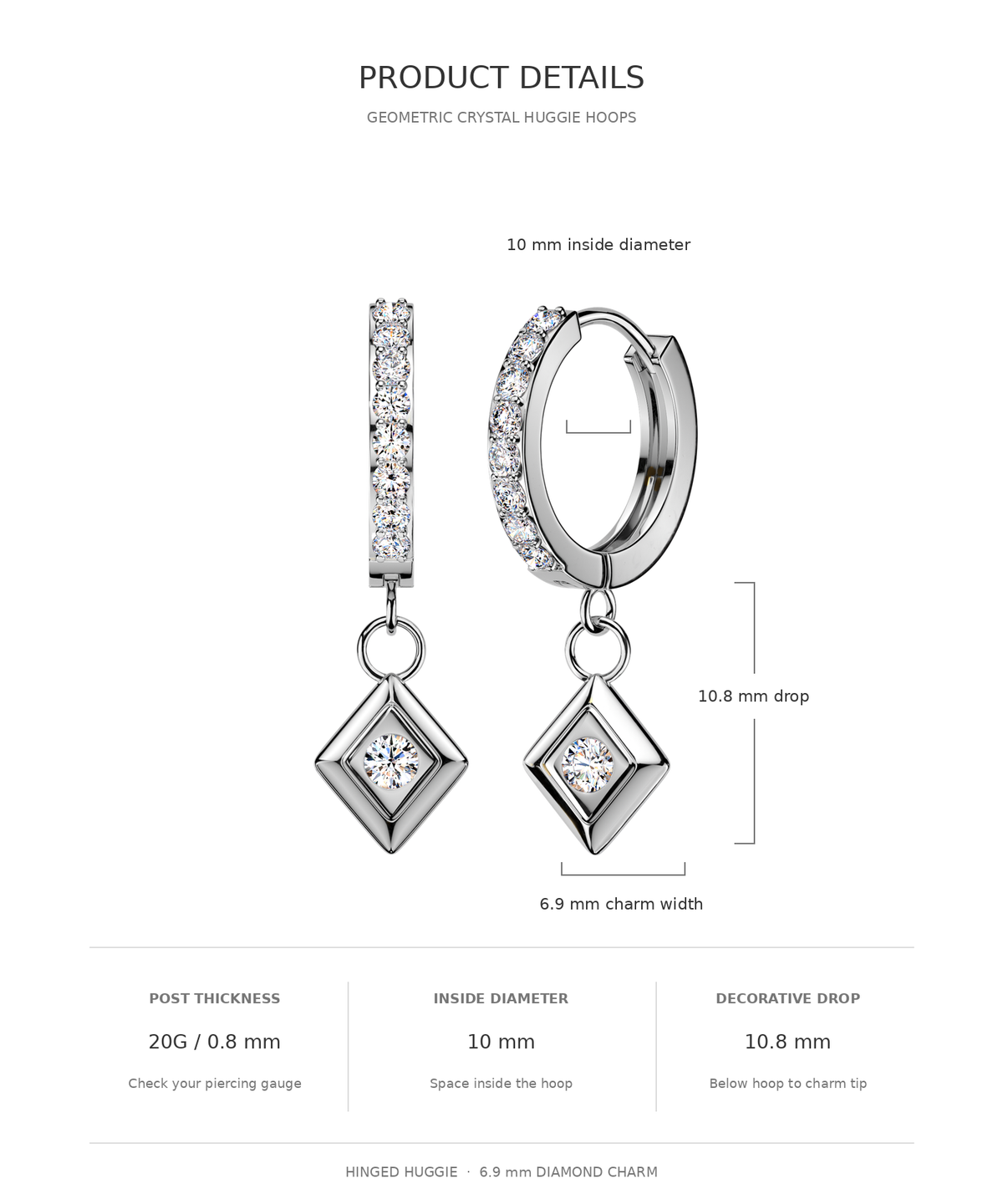 Product details diagram for silver huggie hoop earrings with clear crystal diamond charms, showing measurements, weight, and dimensions on a white background.