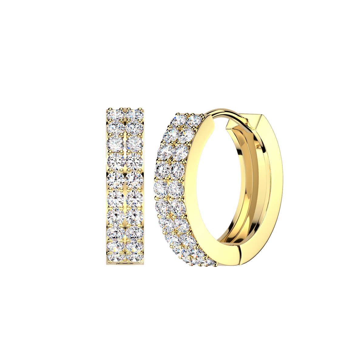 A pair of gold huggie hoop earrings paved with clear cubic zirconia stones, shown from two angles on a plain white background.