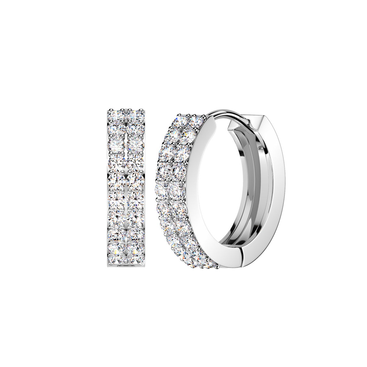 A pair of silver huggie hoop earrings with pavé-set clear stones, shown from both front and side angles on a plain white background.